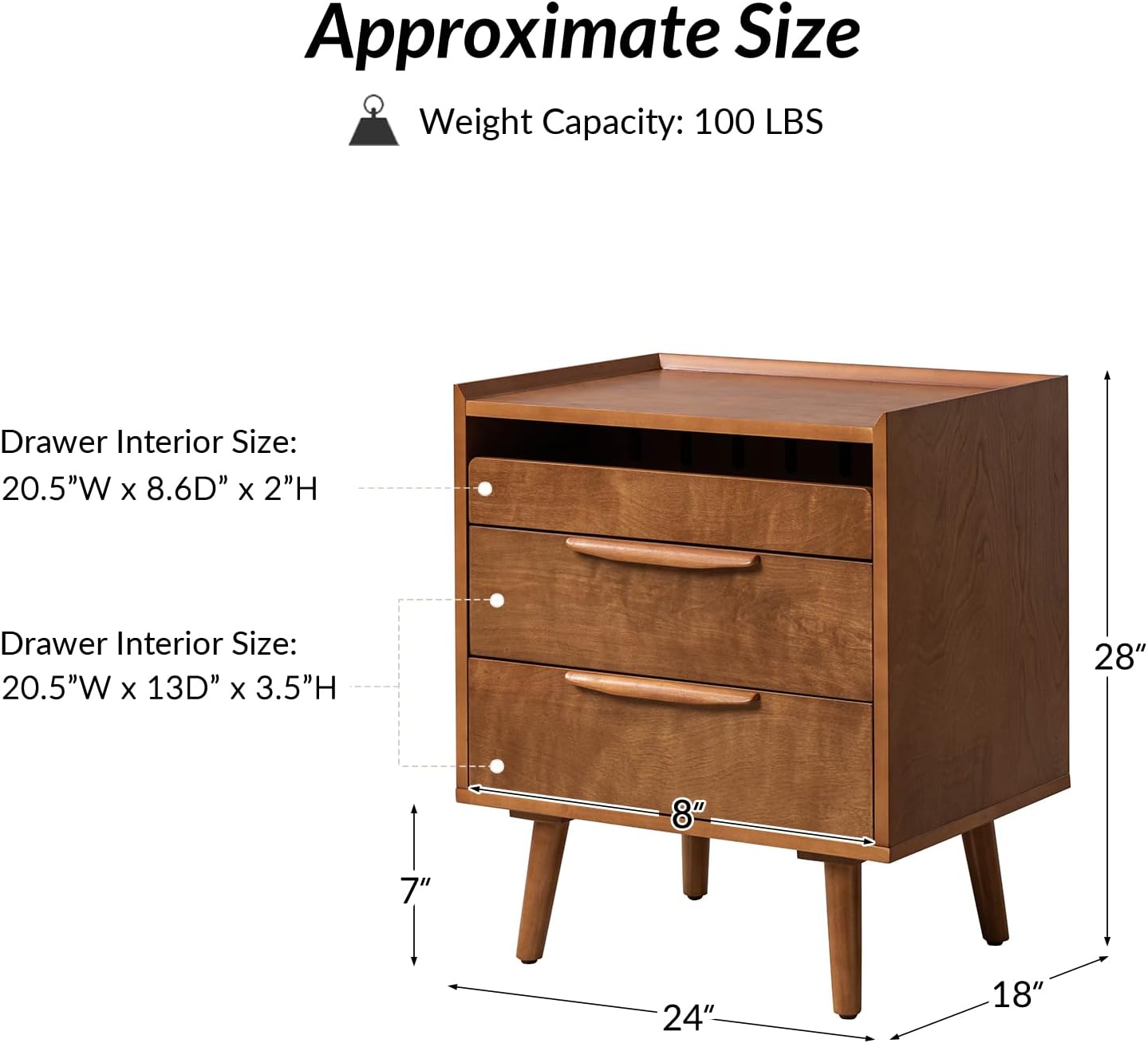 HULALA HOME Nightstand with Charging Station, Mid-Century Modern 2 Drawer and Open Shelf Bedside Tables, Wood Night Stand with USB Ports and Outlets for Bedroom Set of 2, Acorn