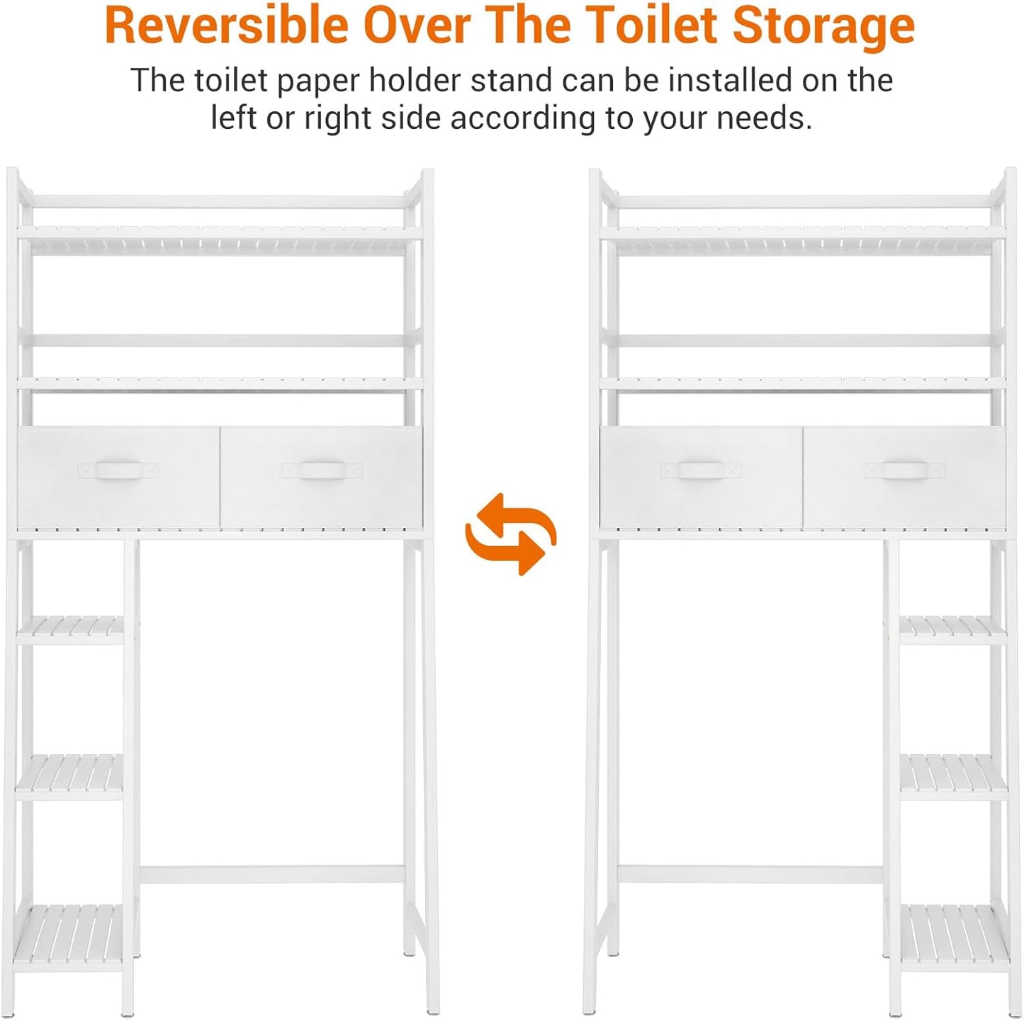 Homykic Over The Toilet Storage Shelf with 2 Fabric Drawers, Bamboo Above Toilet Organizer Tower Rack with Toilet Paper Holder Stand, Bathroom Space Saver, Mass Storage, No Rust, White