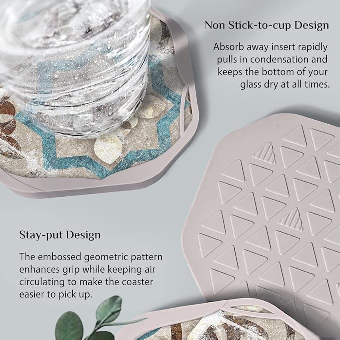 UMIRRO Absorbent Coasters for Drinks, Rustic Retro Silicone Cup Coaster with Felt Insert for Coffee Table Decor, Boho Vintage, Small Birthday Gift Ideas for Men Dad Him Women Mom Her, 4", Set of 4