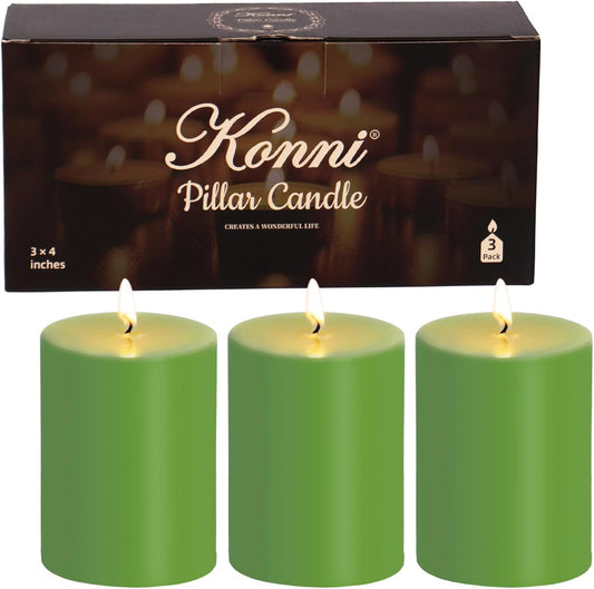KONNI Green Pillar Candles Set of 3, 3"x 4" Unscented Pillar Candles Bulk, 39 Hours Long Burning Candles, Smokeless&Dripless Large Round Candle for Wedding, Home Decoration, Parties, Spas, Dinner