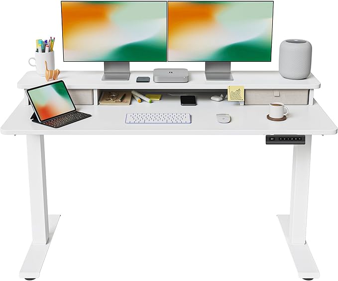 FEZIBO 55 x 24 Inch Height Adjustable Electric Standing Desk with Double Drawer, Computer Desk, Home Office Stand Up Table with 4 Height-Adjustable Feets & 2 Hooks, White