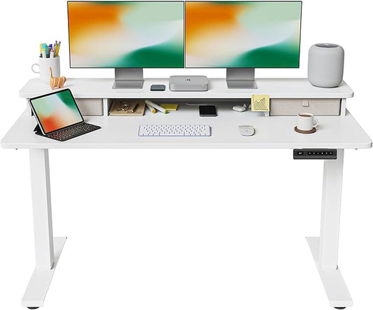 FEZIBO 55 x 24 Inch Height Adjustable Electric Standing Desk with Double Drawer, Computer Desk, Home Office Stand Up Table with 4 Height-Adjustable Feets & 2 Hooks, White