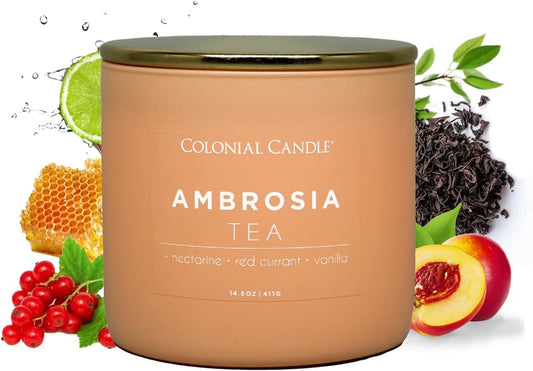 Colonial Candle Ambrosia Tea Scented Jar Candle, Pop of Color Collection, 3 Wick, 14.5 oz - Up to 60 Hours Burn