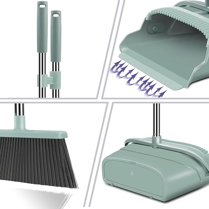 kelamayi Upgrade Broom and Dustpan Set, Large Size and with Long Handle, Upright,Ideal for Indoor Outdoor Garage Kitchen Room Office Lobby Use (Green)