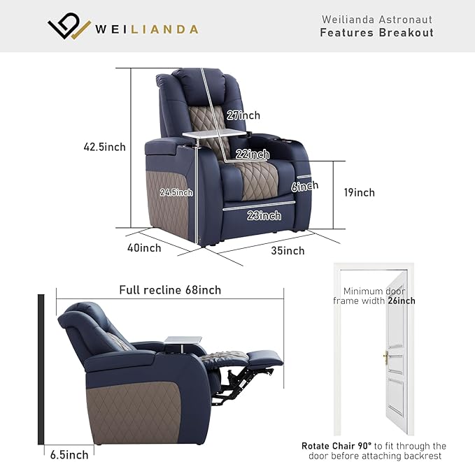 Home Theater Seating, Top Grain Leather Movie Seats Recliner Chair, Zero Gravity Reclining Gaming Sofa with Power Headrest 7 Colors Ambient Lighting Single Seat Blue Grey