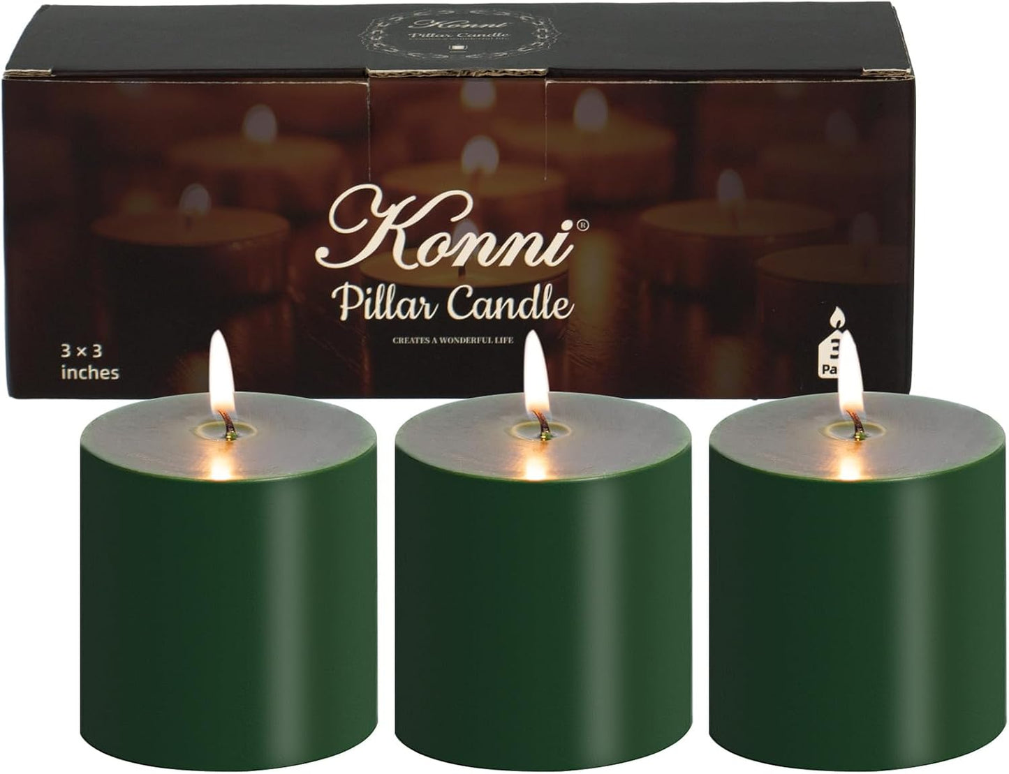 KONNI Navy Green Pillar Candles Set of 3, 3"x 3" Unscented Pillar Candles Bulk, 30 Hours Long Burning Candles, Smokeless&Dripless Large Round Candle for Wedding, Home Decoration, Parties, Spas, Dinner
