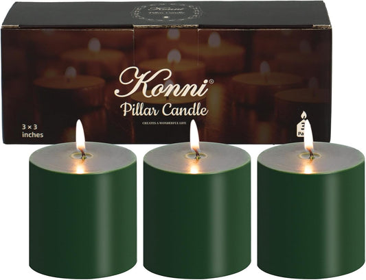 KONNI Navy Green Pillar Candles Set of 3, 3"x 3" Unscented Pillar Candles Bulk, 30 Hours Long Burning Candles, Smokeless&Dripless Large Round Candle for Wedding, Home Decoration, Parties, Spas, Dinner