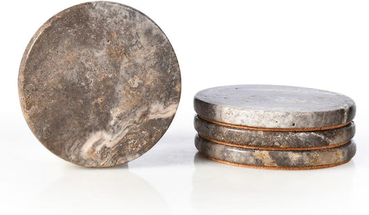 Natural Travertine Marble Coasters Set of 4, Round Gray Stone 4 Inch, Modern Drink Coasters for Home Decor, Coffee Table, Office