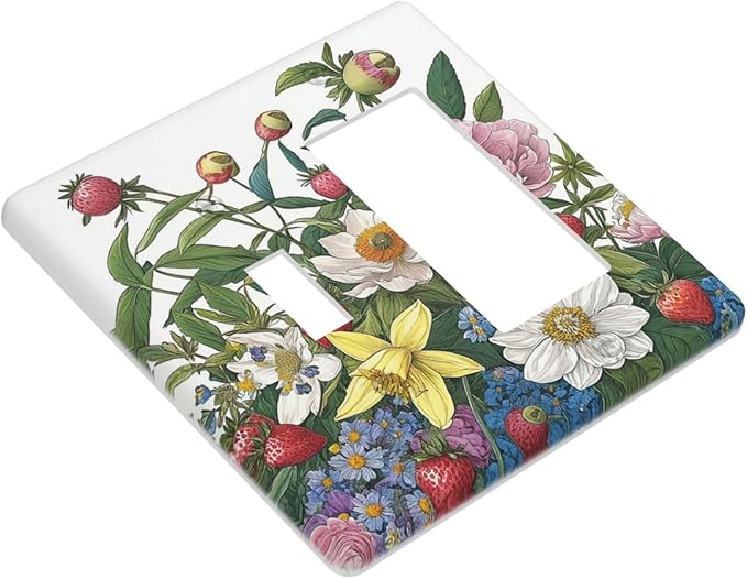 Spring Watercolor Flower Plant Strawberry Peony Floral Outlet Covers 1 Toggle 1 Rocker Combination Electrical Switch Plates Light Switch Cover Plate Decorative Wall Plate for Bedroom living Room Decor