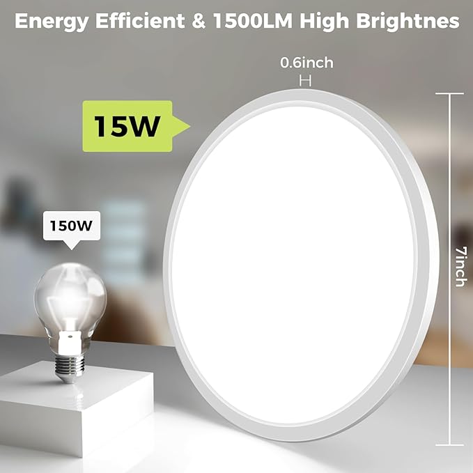 hepside LED Flush Mount Ceiling Light Fixture, 7Inch 15W, Dimmable&3000K/3500K/4000K/5000K/6500K Adjustable Low Profile Ceiling Lights, 1500LM Round Lamp for Bathroom, Closet, Kitchen, Hallway, White