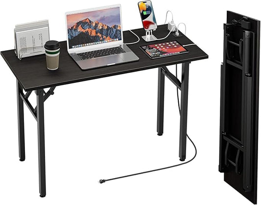 TEMI Small Computer Desk Folding Table - No Assembly, Compact 43.3" Foldable Desk with Power Outlets & USB Charging Port, Portable Small Office Desk, Ideal Mini Study Table, Charcoal Wenge