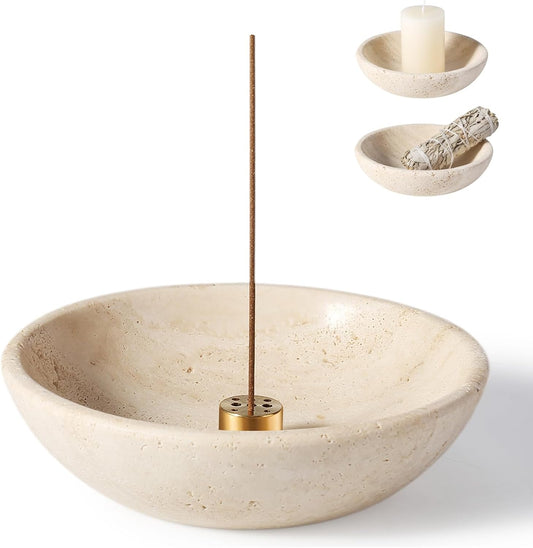 Koville Natural Marble Incense Holder, Incense Holder for Sticks with 9 Holes, Handmade Incense Burner Ash Catcher for Meditation Yoga SPA, Balsam Fir/Palo Santo/Sage/Cone (Travertine)
