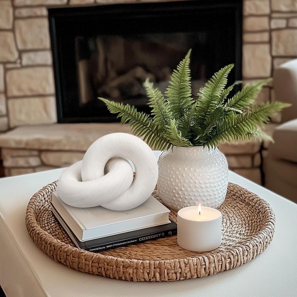 Table Decor Handcrafted Wooden Knot Sculpture Decor – Modern Nordic Style Decorative Accent for Home, Office, Shelf, and Console Table – Pure White Finish, 7"x4.7"