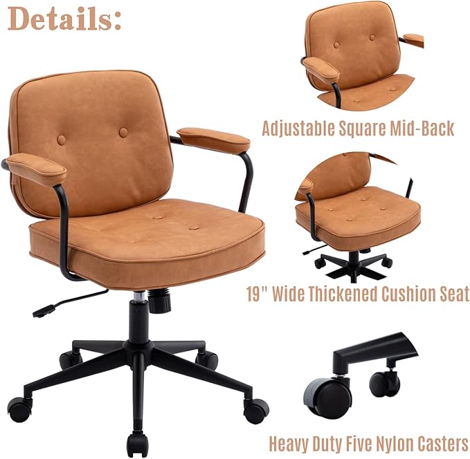 LukeAlon Adjustable Pu Leather Office Chair, Comfy 360° Swivel Task Chair with Armrest Modern Thickened Seat Desk Chair Tiltable Computer Chair with Button Tufted for Home Office, Light Brown