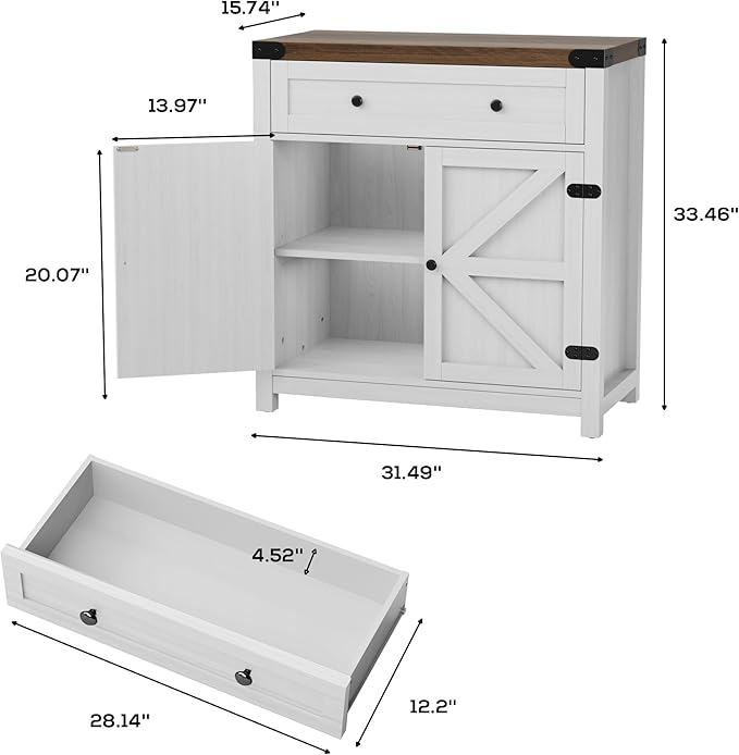 JUMMICO Coffee Bar Cabinet Farmhouse Kitchen Sideboard Buffet Cabinet with Drawer and Adjustable Shelf Barn Door Storage Cabinet for Kitchen, Dining Room, Bathroom, Entryway（White）