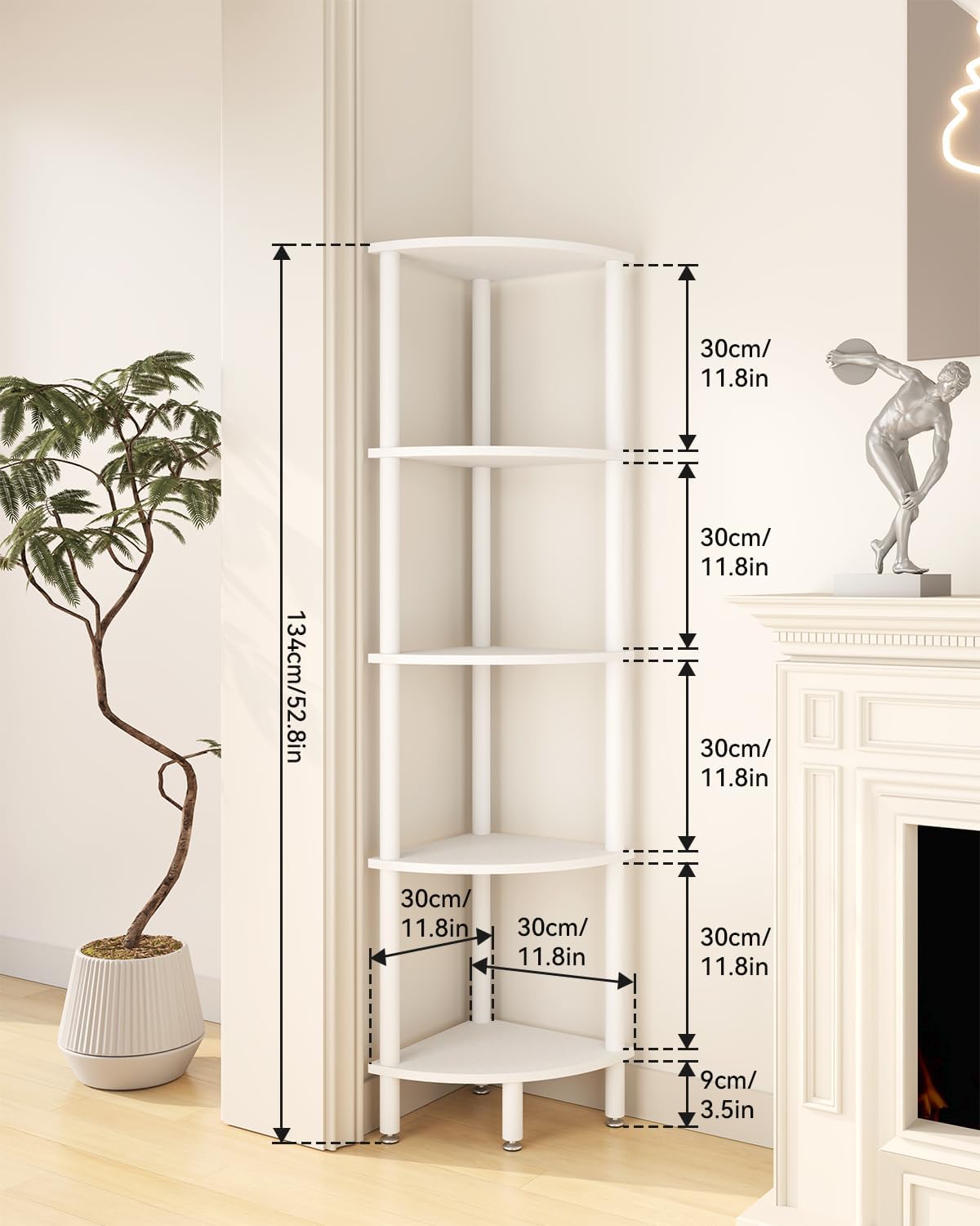 IBUYKE 5 Tier Corner Shelf Stand,Industrial Corner Display Rack,Corner Bookshelf for Living Room, Bedroom, Kitchen, Home Office, White WBC010W