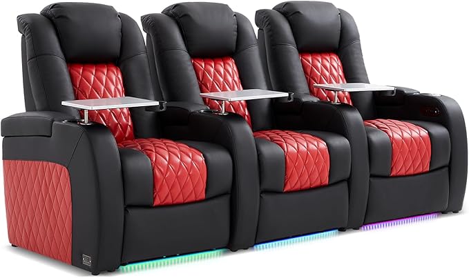 Home Theater Seating, Top Grain Leather Movie Seats Recliner Chair, Zero Gravity Reclining Gaming Sofa with Power Headrest 7 Colors Ambient Lighting 3 Seats Black Dark Red