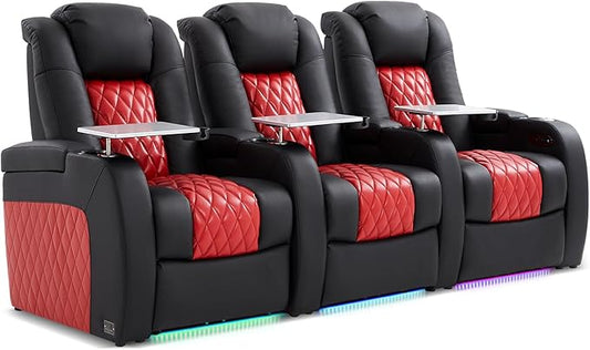 Home Theater Seating, Top Grain Leather Movie Seats Recliner Chair, Zero Gravity Reclining Gaming Sofa with Power Headrest 7 Colors Ambient Lighting 3 Seats Black Dark Red