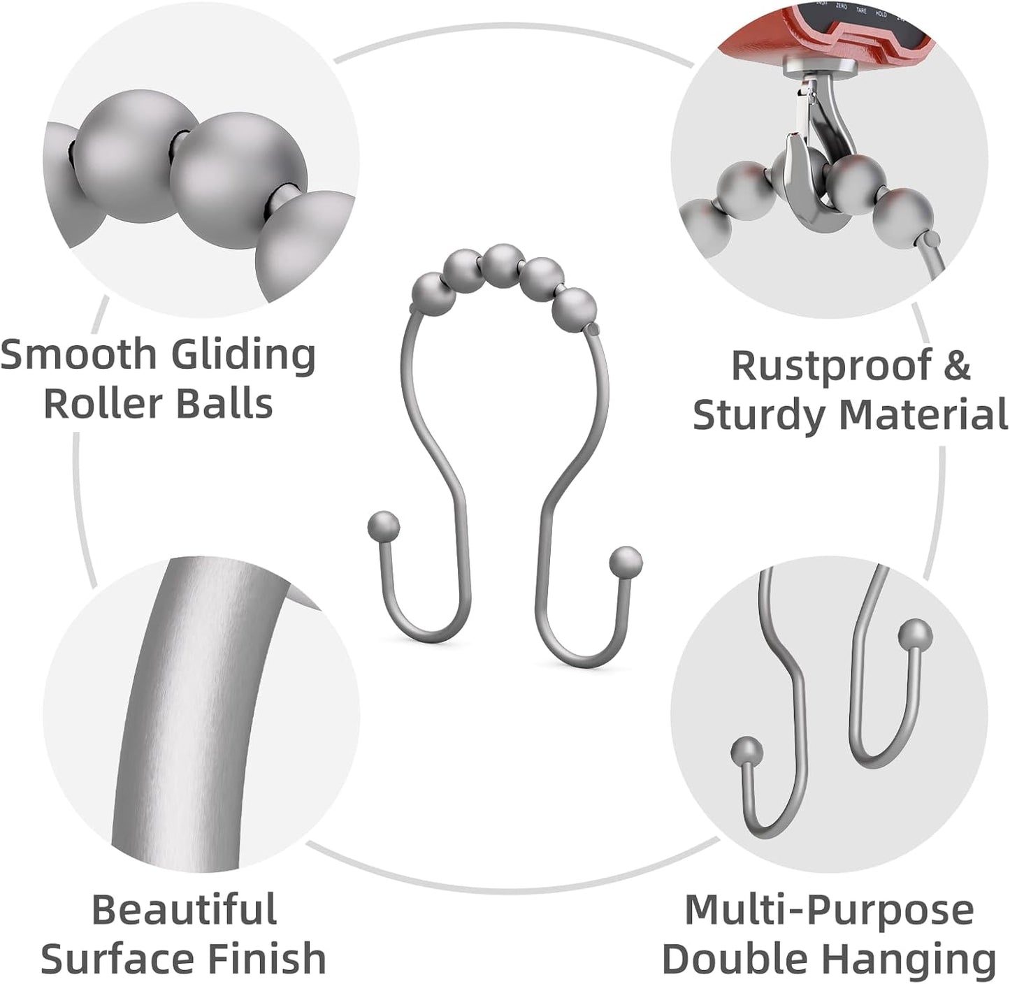 Shower Curtain Hooks Silver, Bathway Shower Curtain Rings Rust Proof, Shower Hooks for Shower Curtain Balanced Smooth Glide Double Shower Curtain Hooks, 12 Pcs