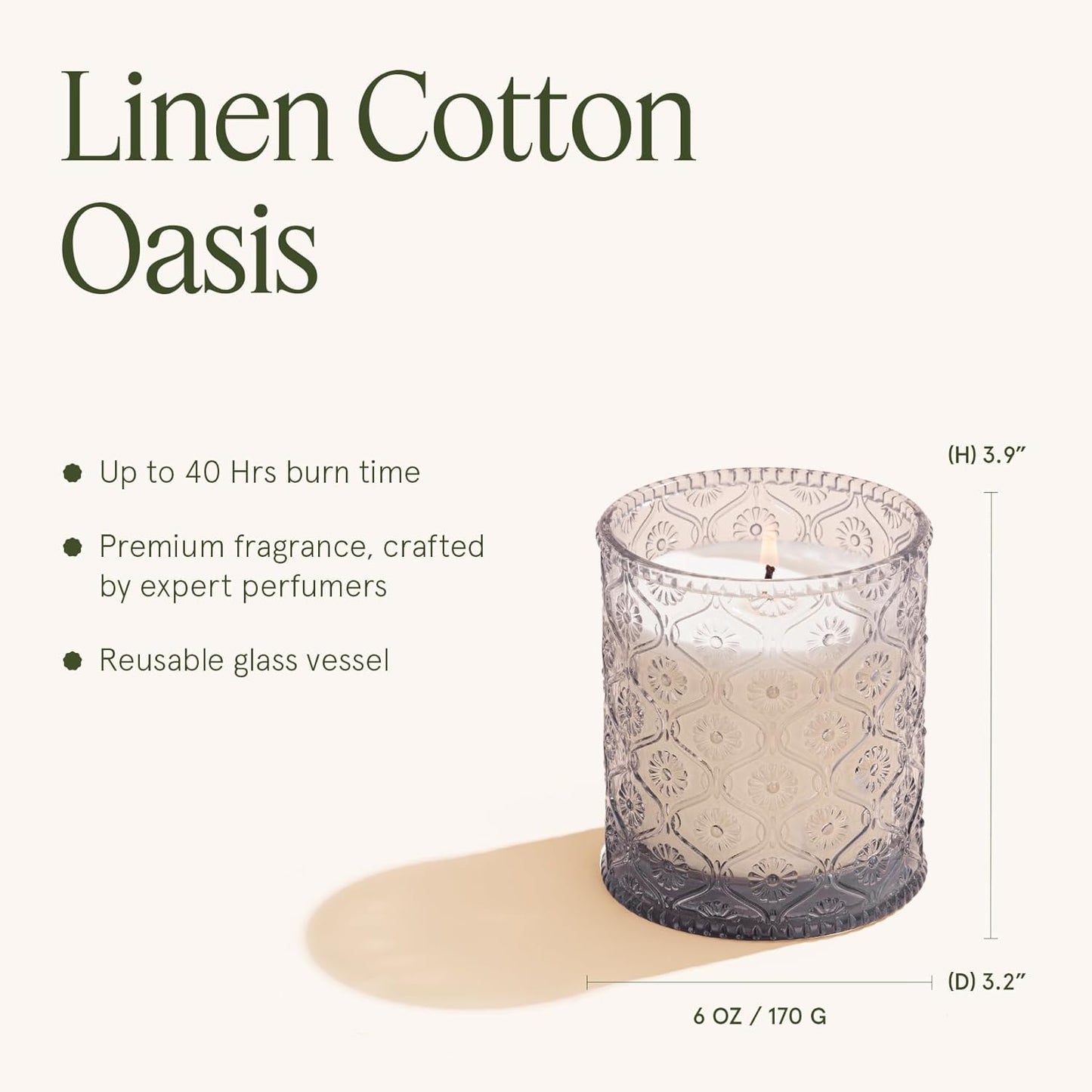 LA JOLIE MUSE Linen Cotton Oasis Scented Candle - Cotton, Jasmine & Warm Musk | 6 oz Natural Soy Wax | 40 Hours Clean Burn | Gift-Ready for Hosts, Gatherings | Elegant Home Décor