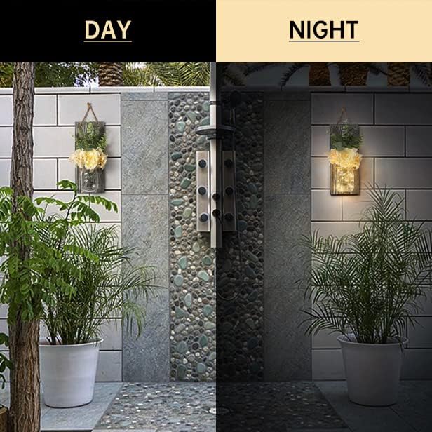 HOMKO Rustic Wall Decor, Mason Jars Wall Sconces with Remote LED Lights and Flowers, Hanging Rural Farmhouse Kitchen Bathroom Bedroom Living Room Home Decor Outdoor Indoor(Set of 2) - Rustic Grey