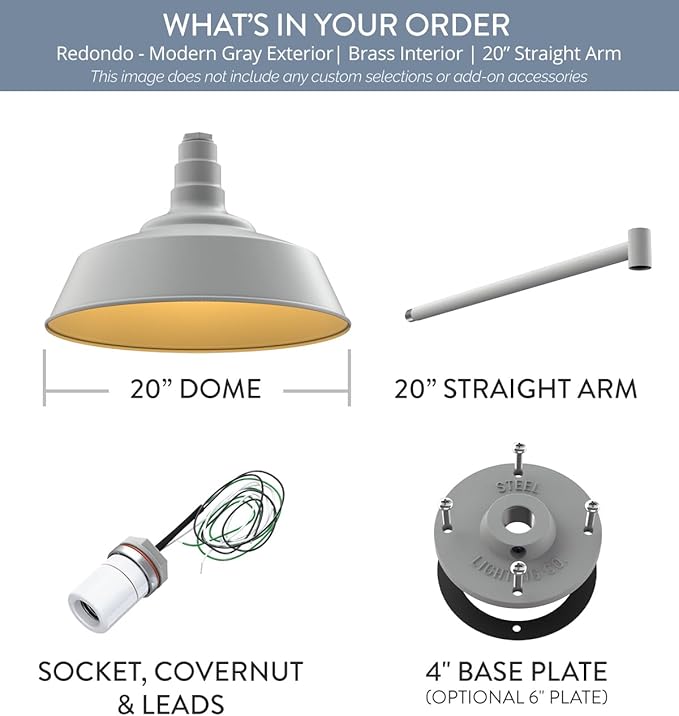 Steel Lighting Co. Redondo Barn Light | Outdoor Wall Mounted | 20 inch Dome | 20" Straight Arm | Large Farmhouse Warehouse Light Made in America | Modern Gray Exterior/Brass Interior