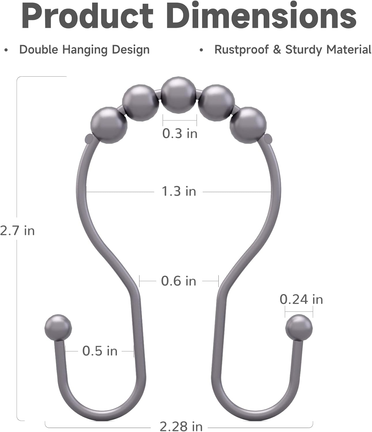 Shower Curtain Hooks, Shower Curtain Rings Rust Proof Double Hook Shower Curtain Hooks, 12 Pcs Grey Shower Hooks for Shower Curtain, Shower Rings for Curtain, Metal Shower Rod Hooks