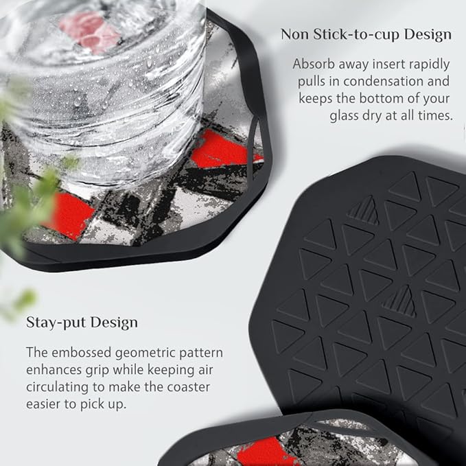 UMIRRO Absorbent Coasters for Drinks, Cool Silicone Cup Coaster with Felt Insert for Modern Coffee Table Decor, Small Unique Birthday Gift Ideas for Men Dad Him Women Mom Her, 4", Red Black, Set of 4