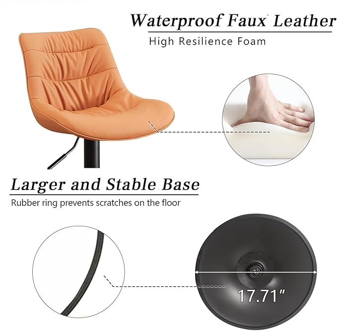 Kidol & Shellder Bar Stools Set of 2 Adjustable Swivel Orange, PU Leather Upholstered with Back, Modern Counter Height Stools for Kitchen Island, Home Bar