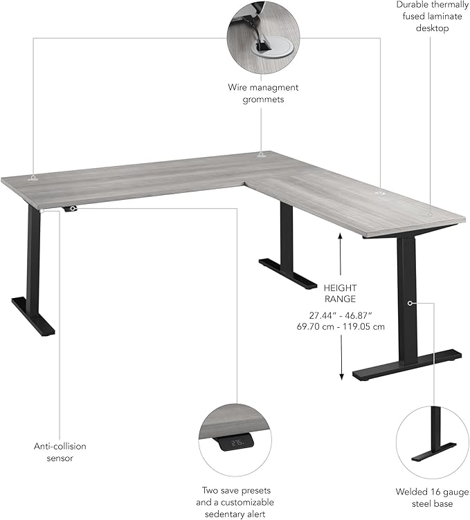 Bush Business Furniture 72-inch Height Adjustable L Shaped Standing Desk, Electric Sit-Stand Corner Computer Table, Ergonomic Office, Move 60 Series, Platinum Gray with Black Base