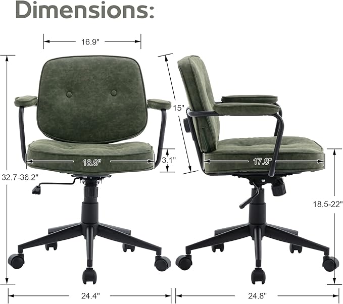 LukeAlon Adjustable Pu Leather Tiltable Office Chair, Comfy 360°Swivel Task Chair with Armrest Modern Thickened Seat Desk Chair with Button Tufted for Home Office, Green