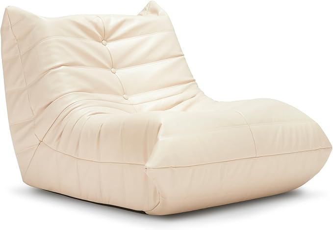 Hobestluk Giant Bean Bag Chair Lazy Floor Sofa, Memory Foam Fireside Sofa for Adults, Big Beanbag Faux Leather Armless Chair for Living Room Bedroom Dorm Office (Beige, Single)