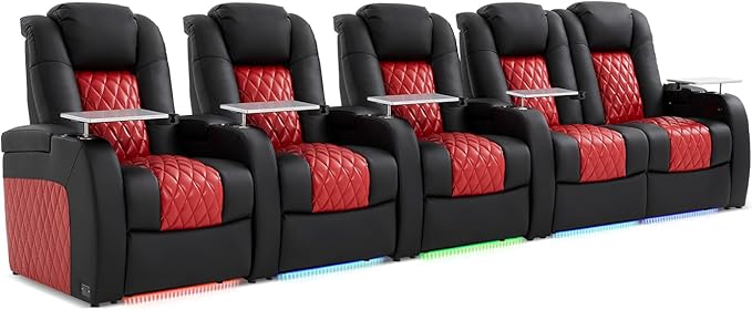Home Theater Seating, Top Grain Leather Movie Seats Recliner Chair, Zero Gravity Reclining Gaming Sofa with Power Headrest 7 Colors Ambient Lighting 5 Seats Loveseat Right Black Dark Red