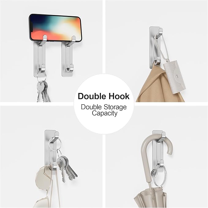 Wall Hooks for Coat and Towel: 13LB Adhesive Door Hanger Stick on, Silver 6 Pack