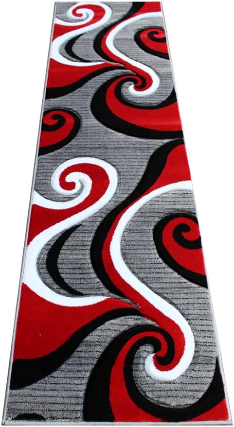 Masada Rugs, Sophia Collection Hand Carved Area Rug Modern Contemporary Red White Grey Black (2 Feet X 7 Feet 3 Inch) Runner