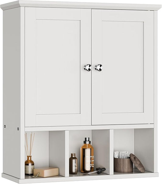 Meilocar Bathroom Wall Cabinet, Bathroom Cabinet Wall Mount with 2 Doors and 3 Open Shelves, Over The Toilet Wood Medicine Cabinets, White