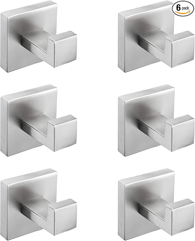 Nolimas Bathroom Towel Hook SUS304 Stainless Steel Square Clothes Coat Robe Hooks Cabinet Closet Door Sponges Hanger for Bath Kitchen Garage,Heavy Duty Wall Mounted,Brushed Nickel Finish,6pack