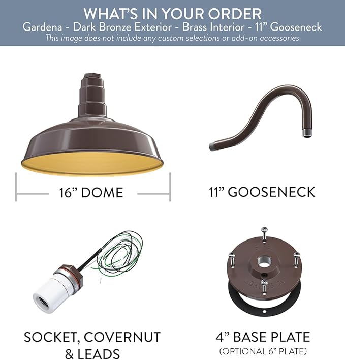 Steel Lighting Co. Gardena Barn Light | Outdoor Wall Mounted | 16" Dome | 11" Gooseneck | Farmhouse Light Made in America | Dark Bronze Exterior/Brass Interior