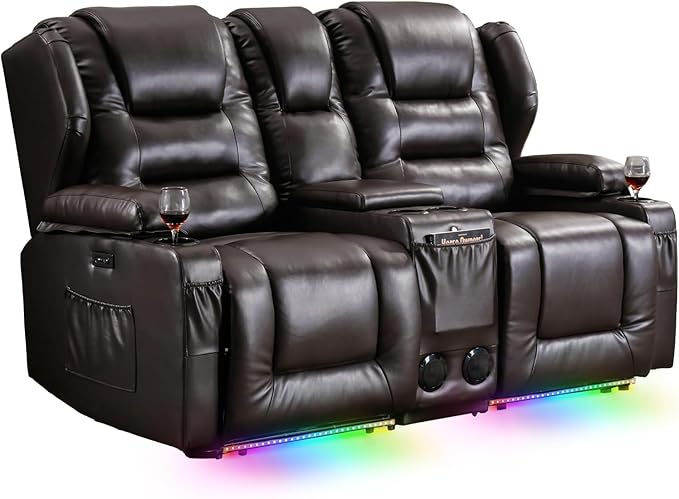 SAMERY Power Loveseat Recliner Sofa with Adjustable Split Back, USB Charging, Bluetooth Speakers & LED Lighting – Home Theater Seating with Storage, Cup Holders, Brown Faux Leather Loveseat Recliner