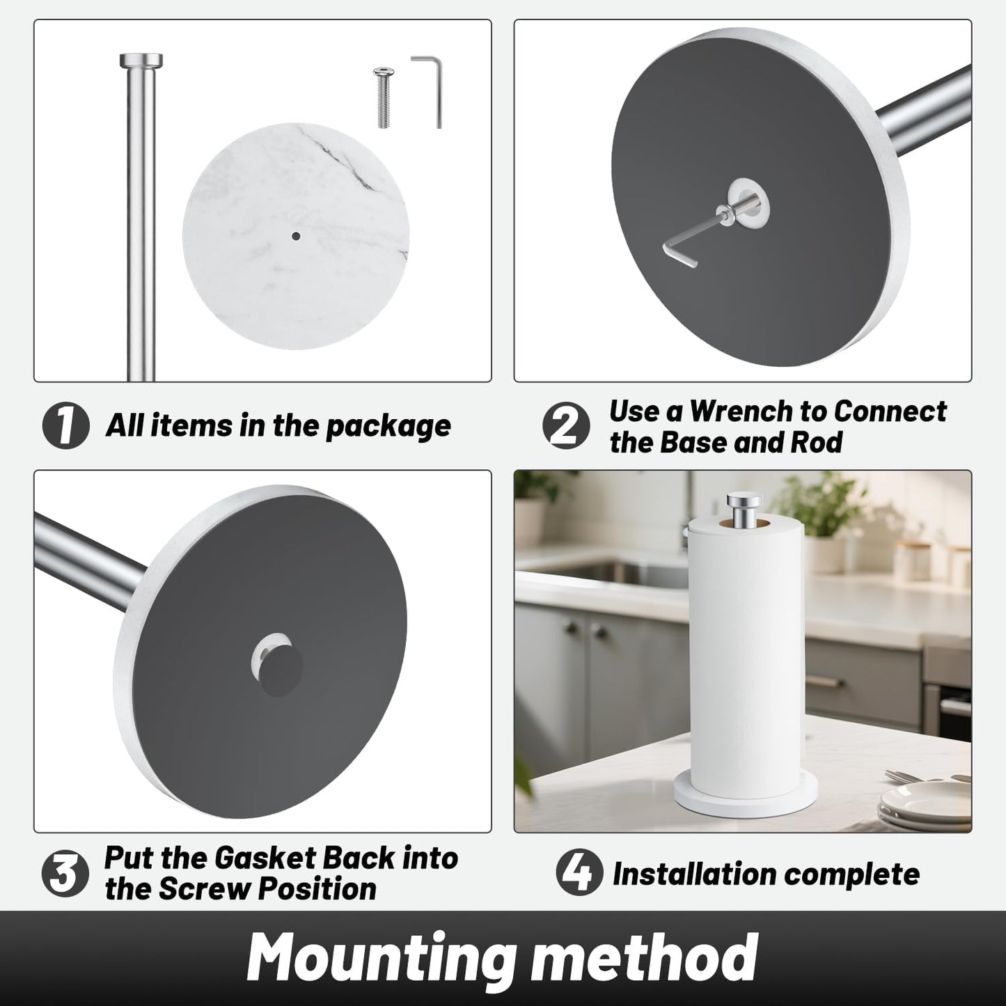 VEHHE Marble Paper Towel Holder for Kitchen Countertop, Standing Paper Towel Stand with Weighted Base & EVA Non-Slip Pad, for Bathroom or Kitchen (Silver)