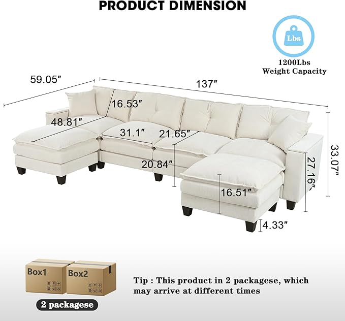 137",U Shaped Couch,Modern Modular Sectional Sofa, 4-Seater Comfy Cloud Couch with Two Movable Ottoman & Throw Pillows for Living Room, Bedroom and Apartment, Beige