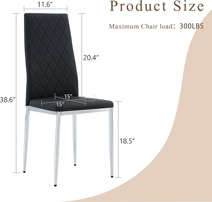 JT Modern Minimalist Dining Chair Fireproof Leather Sprayed Metal Pipe Diamond Grid Pattern Restaurant Home Conference Chair Set of 4 Or 6 (4, Black-Silver)