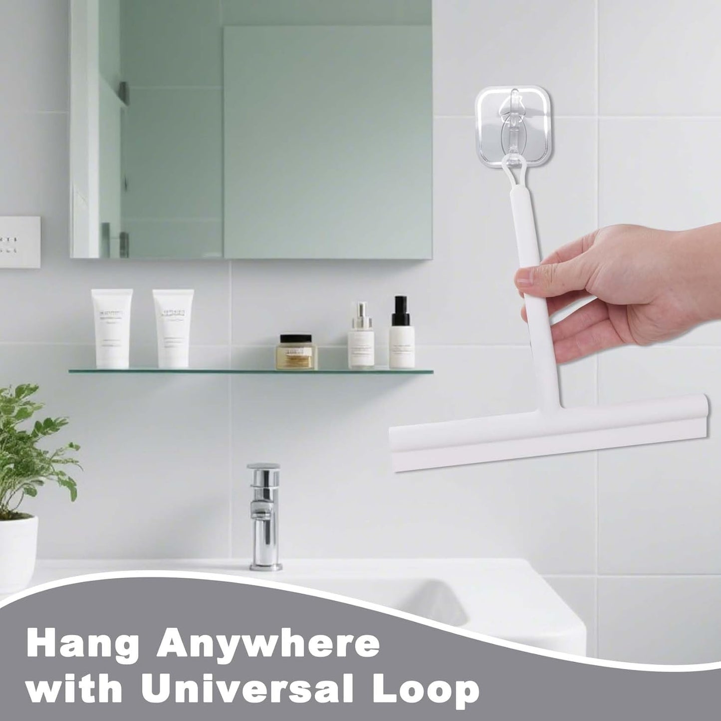 Squeegee for Shower Glass Doors, Resilient Loop - No-Drill & Adhesive Hook, Silicone Shower Squeegee with Stainless Steel Core, Cleaning Tool for Home, Kitchen, Bathroom & Car - White