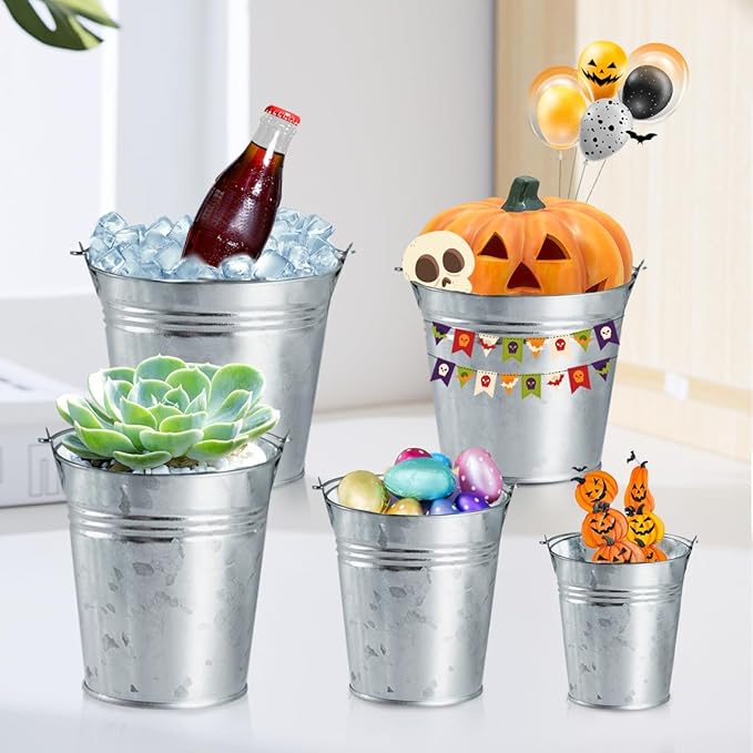 OBTANIM 8 Pack Galvanized Metal Buckets with Handle Ice Pails for Plants, Succulents, Party Favors Organizing, Rustic Home Decor or Classrooms Pencil Storage (9 x 5.9 inch)