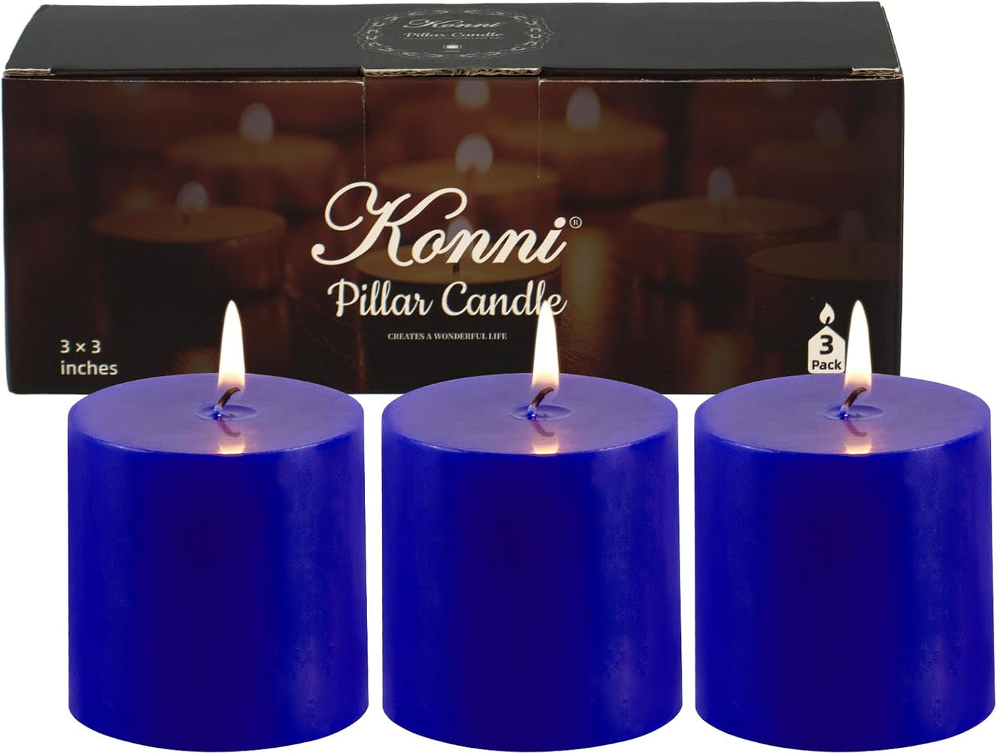 KONNI Classic Blue Pillar Candles Set of 3, 3"x 3" Unscented Pillar Candles Bulk, 30 Hours Long Burning Candles, Smokeless&Dripless Large Round Candle for Wedding, Home Decoration, Parties, Spas