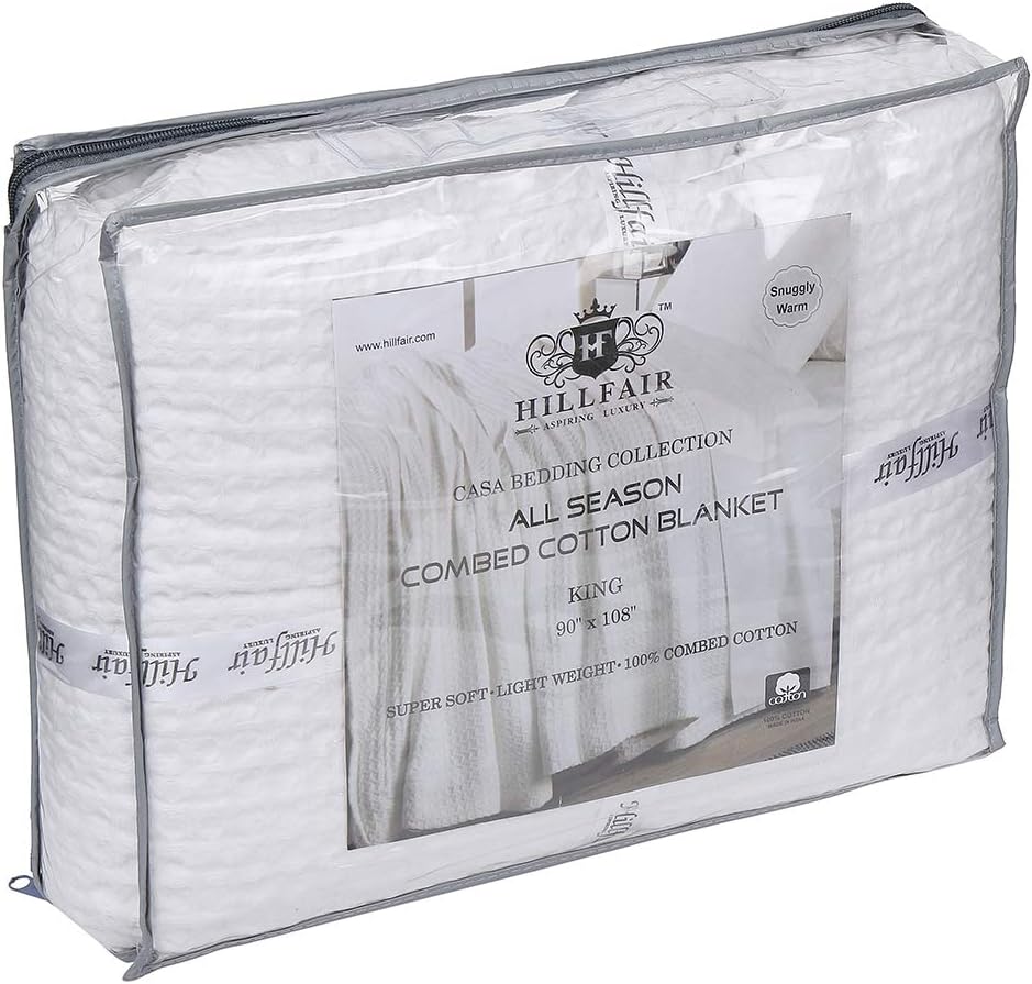HILLFAIR 100% Combed Cotton Blanket–102x108 Inch California King Size Bed Blankets– Warm Soft All Season Breathable Blankets– Extra Large Oversized California King Blanket- White King Cotton Blankets