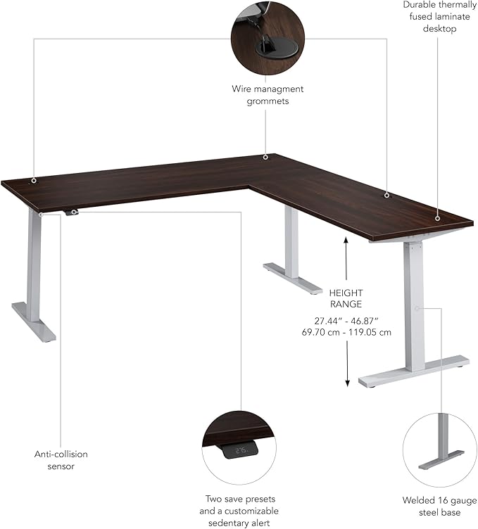 Bush Business Furniture 72-inch Height Adjustable L Shaped Standing Desk, Electric Sit-Stand Corner Computer Table, Ergonomic Office, Move 60 Series, Black Walnut with Metallic Gray Base