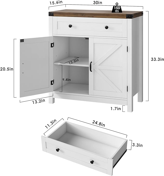 HOSTACK Coffee Bar Cabinet, Kitchen Storage Cabinet, Modern Farmhouse Buffet Sideboard with Drawer and Adjustable Shelf, Barn Door Accent Cabinets for Kitchen, Dining Room, Entryway, White
