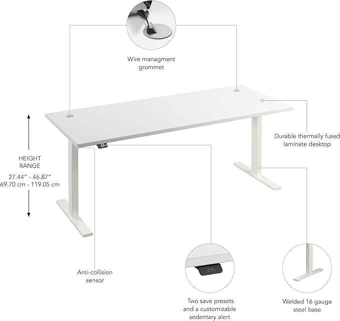 Bush Business Furniture 72-inch Electric Height Adjustable Standing Desk, Ergonomic Sit-Stand Computer Table for Home and Professional Office, Move 60 Series, White with White Base