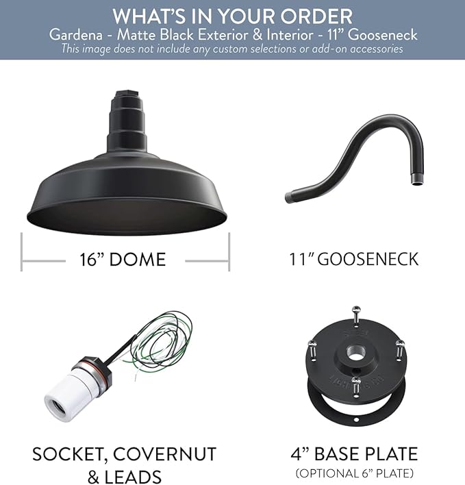 Steel Lighting Co. Gardena Barn Light | Outdoor Wall Mounted | 16" Dome | 11" Gooseneck | Farmhouse Light Made in America | Matte Black Exterior/Matte Black Interior